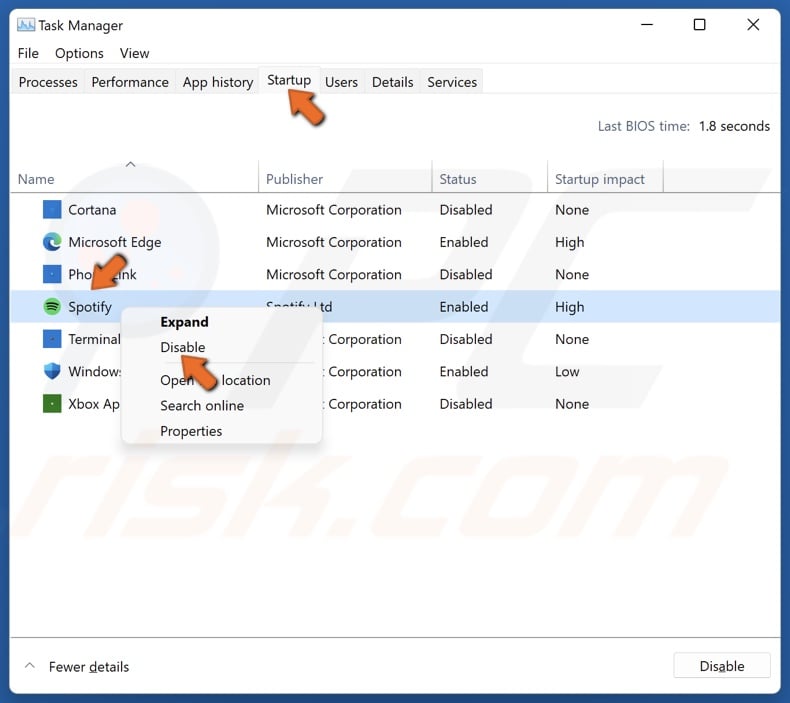 Right-click Spotify in Task Manager Startup tab and click Disable