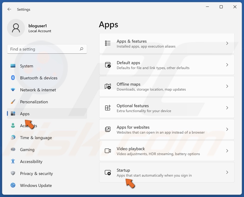Select Apps in the left pane and click Startup
