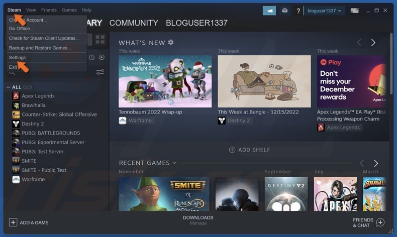 Open the Steam drop-down menu in the toolbar and select Settings