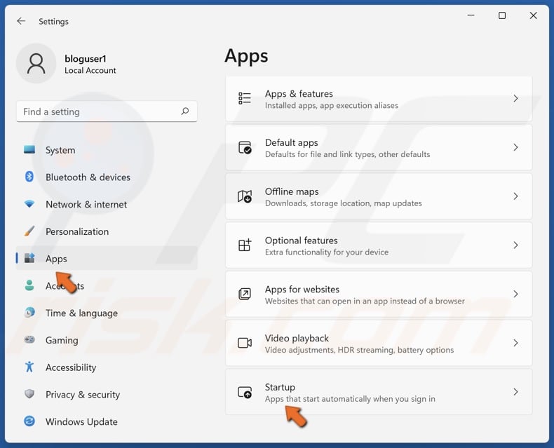 Select Apps in the left pane and click Startup