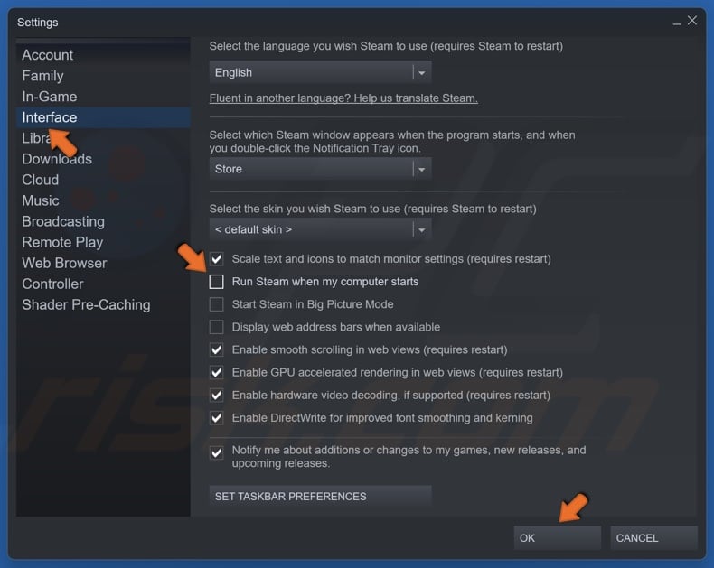 Select Interface in the left pane and uncheck the Open Steam when my computer starts checkbox