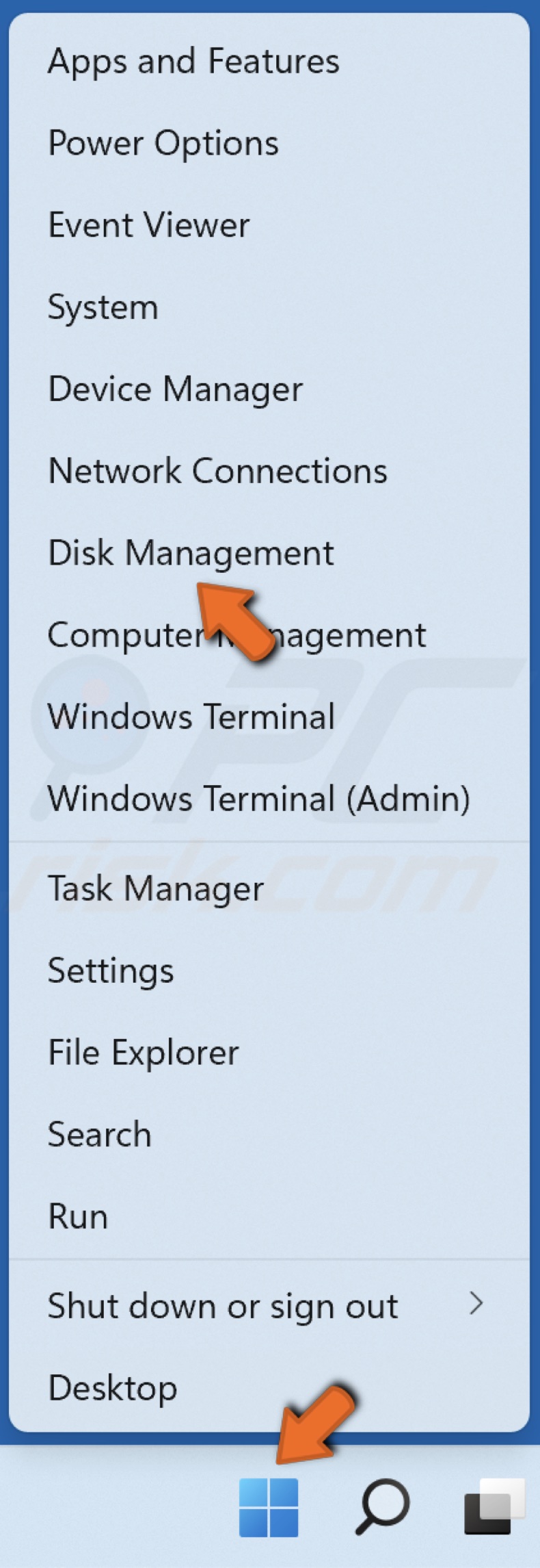 Right-click Start and click Disk Management