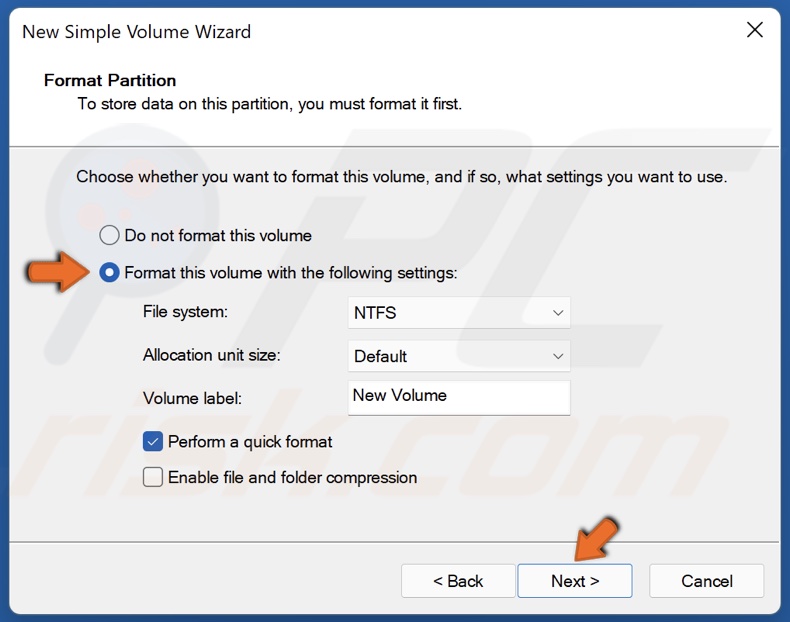 Tick Format this volume with the following settings and click Next