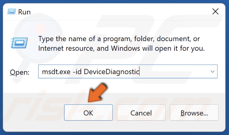 Type in msdt.exe -id DeviceDiagnostic and click OK
