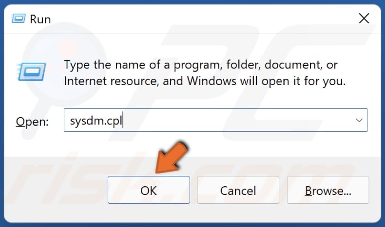 Type in sysdm.cpl in Run and click OK