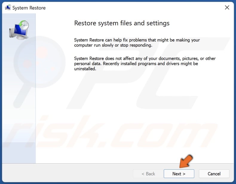 Click Next in the System Restore window