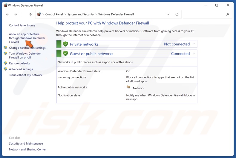 Click Allow an app or feature through Windows Defender Firewall