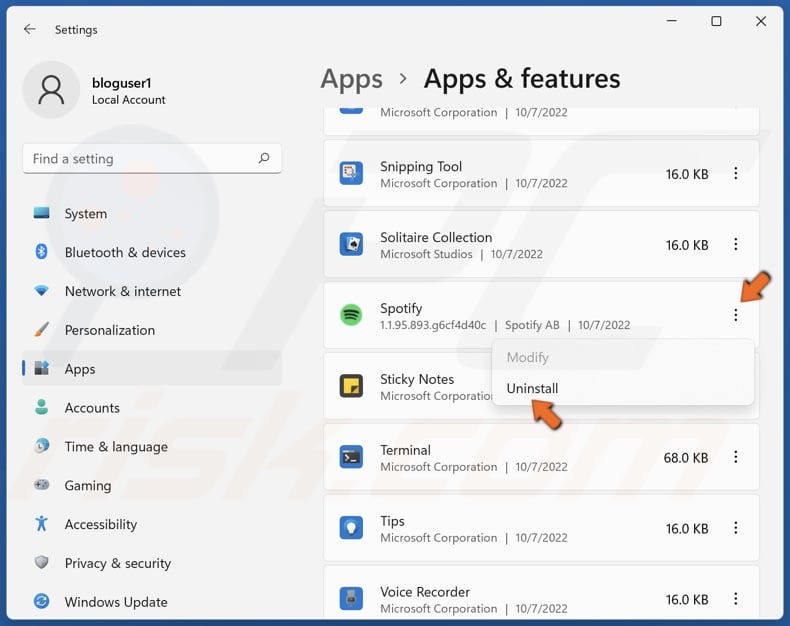Click three dots next to Spotify and click Uninstall