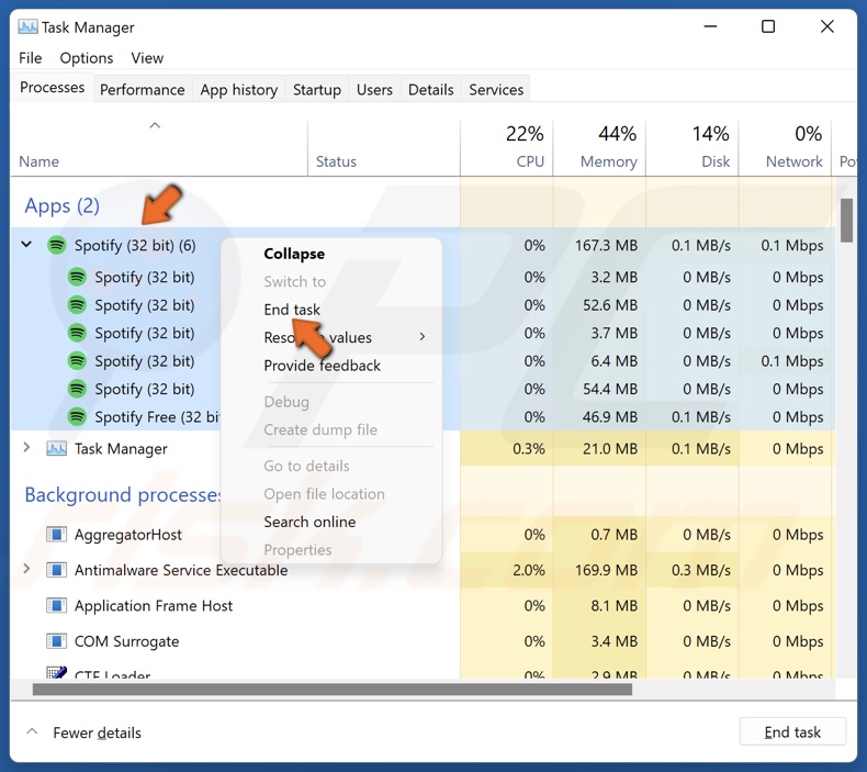 Right-click the Spotify process in Task Manager and click End task
