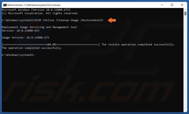 Type in DISM /Online /Cleanup-Image /RestoreHealth in Command Prompt and press Enter