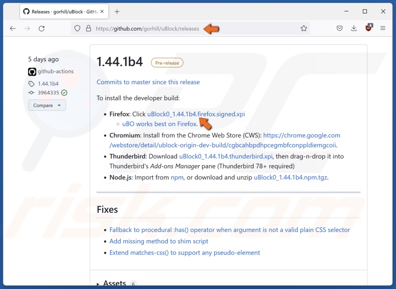 Visit the uBlock Origin GitHub webpage and download the developer build for Firefox