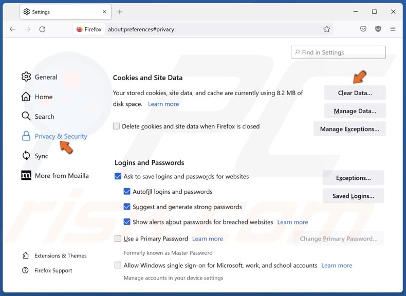 Select the Privacy & Security panel and click Clear Data