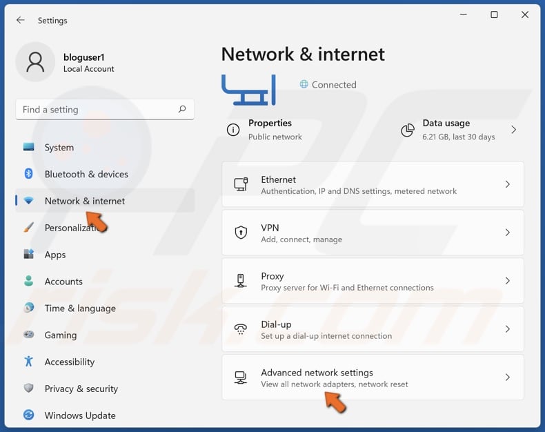 Select Network & internet and click Advanced network settings