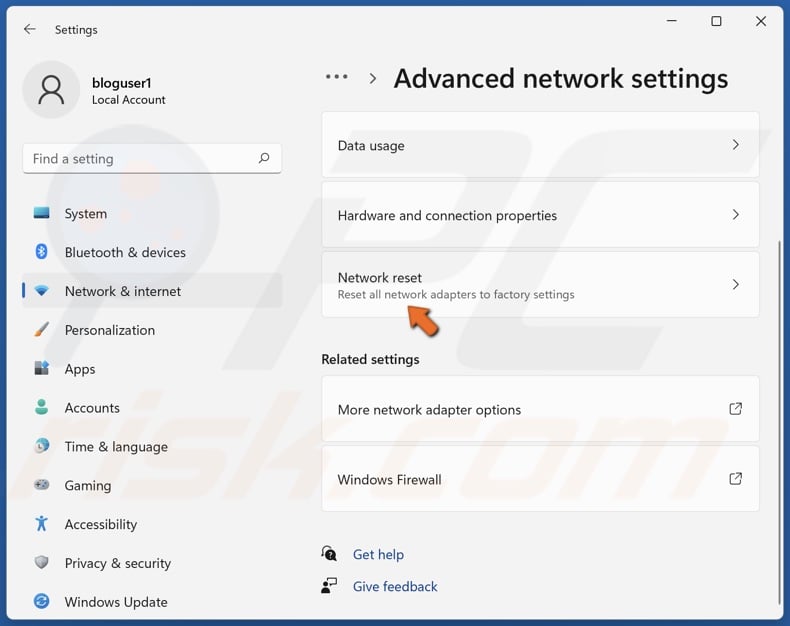 Click Network reset