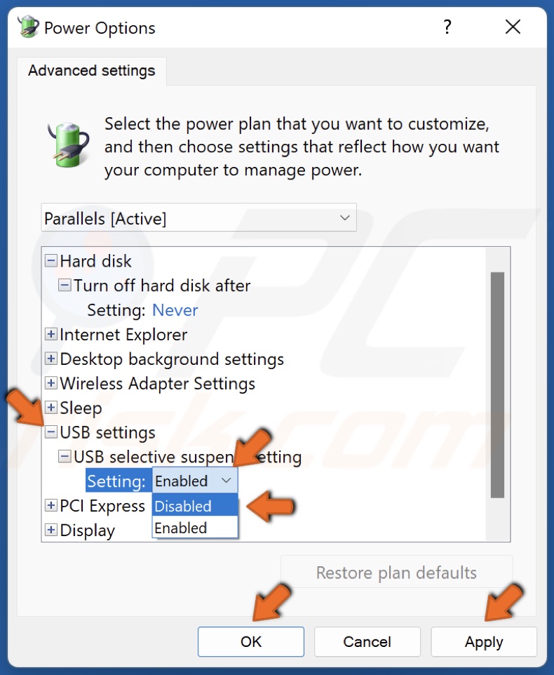 Disable USB selective suspend setting