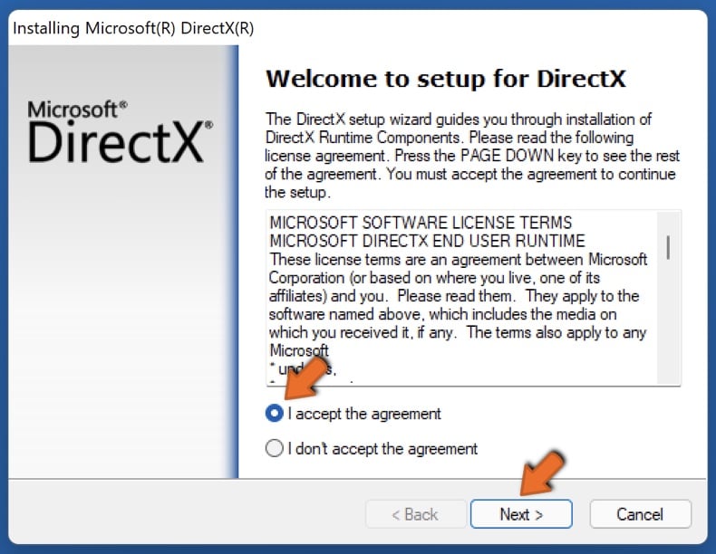 Accept the DirectX license agreement and click Next
