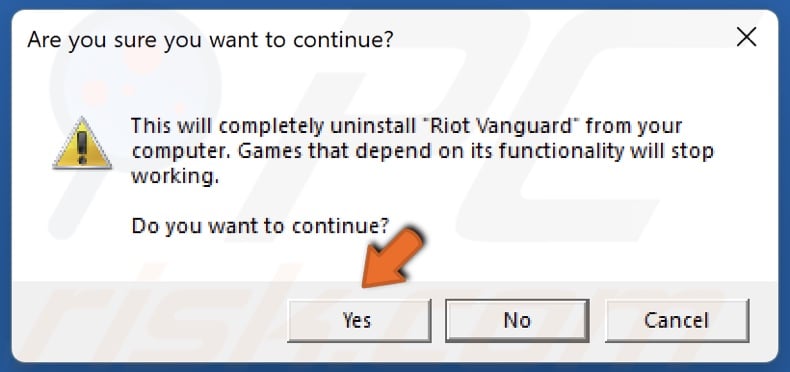 Click Yes to continue the removal
