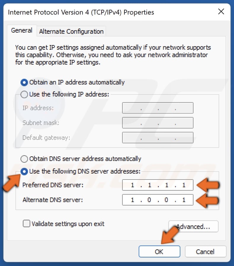 Tick Use the following DNS server addresses and enter new preferred and alternate DNS server addresses