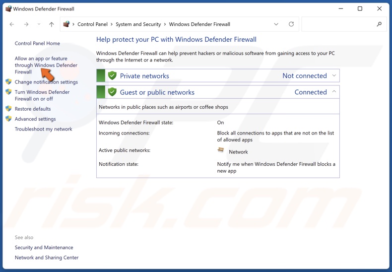 Select Allow an app or feature through Windows Defender Firewall