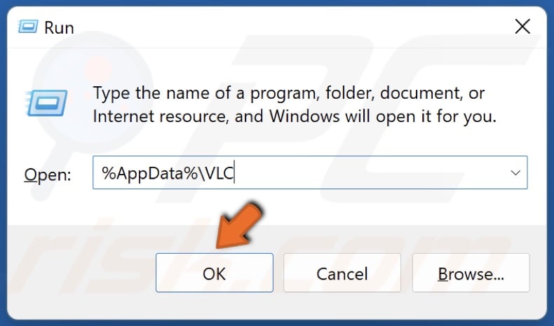 Type in %AppData%VLC in Run and click OK