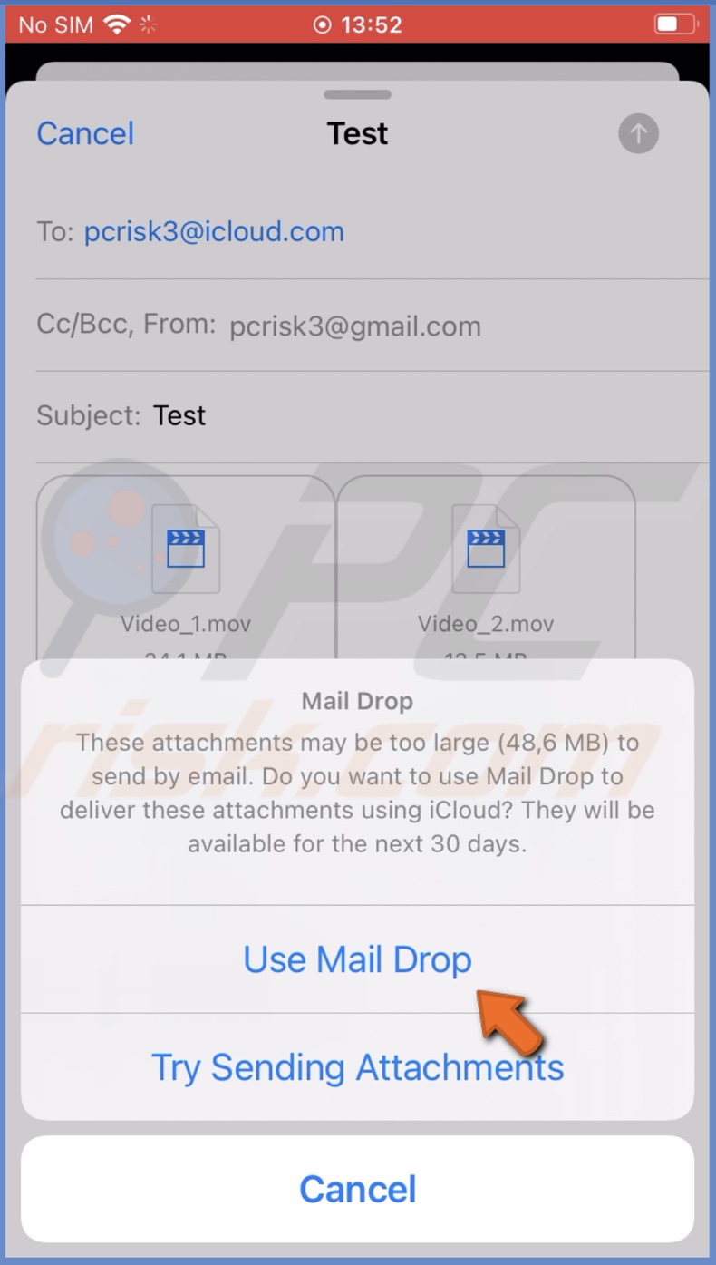 Tap on Use Mail Drop on iPhone and iPad