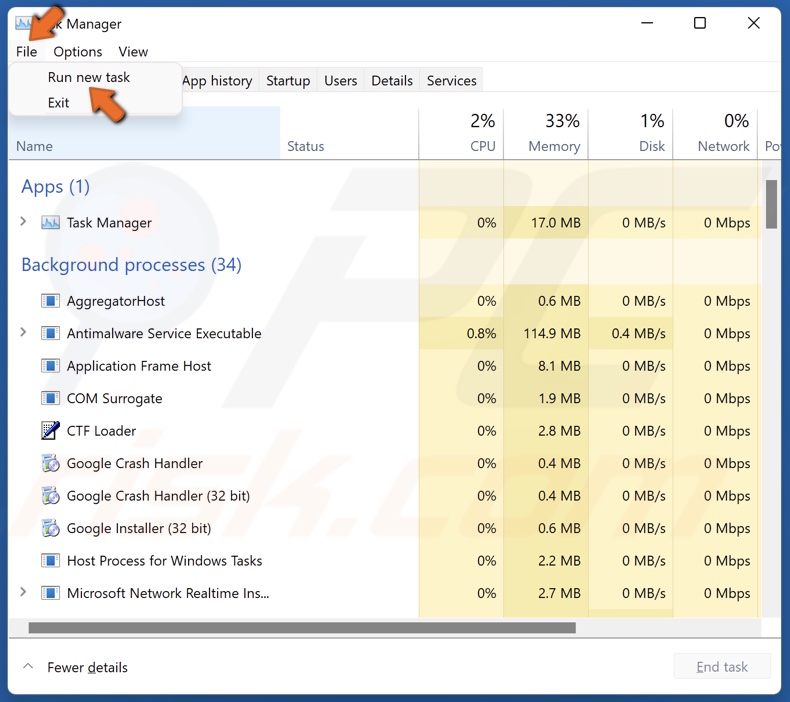 Click File and select Run new task in Task Manager