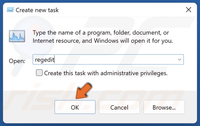 Type in Regedit in the Create new task dialog box and click OK