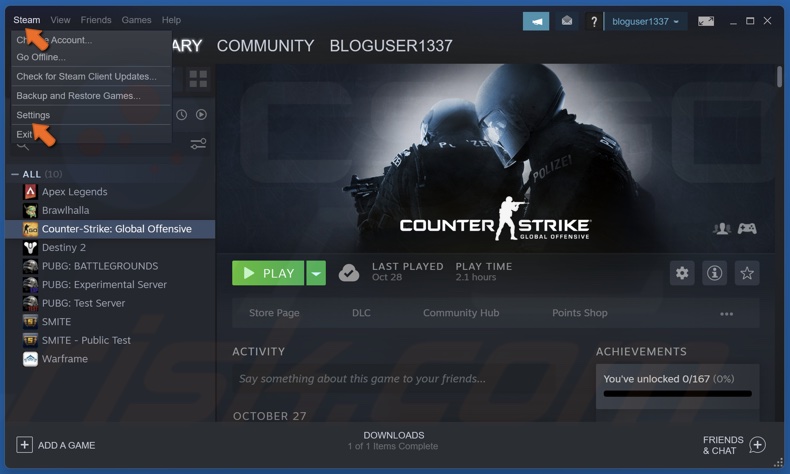 Click Steam in the menu bar and select Settings