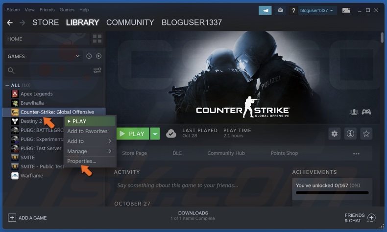 Right-click Counter-Strike: Global Offensive and select Properties