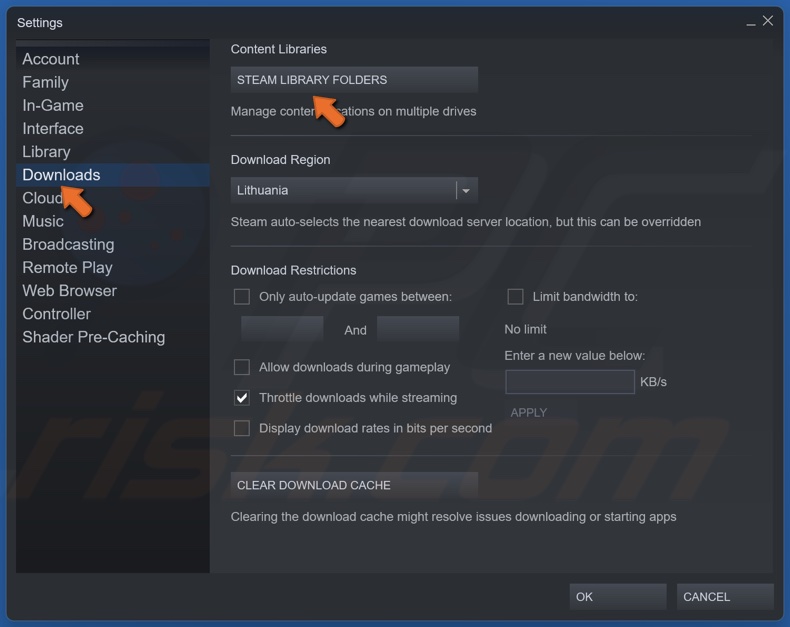 Select Downloads and click Steam Library Folders