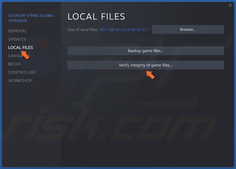 Select the Lofal Files tab and click Verify integrity of game files