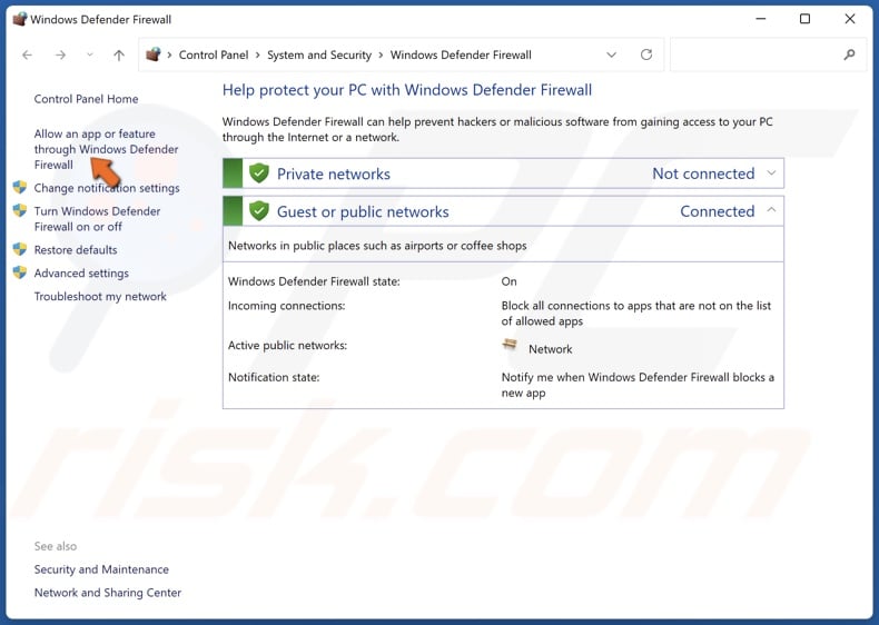 Select Allow an app or feature through Windows Defender Firewall