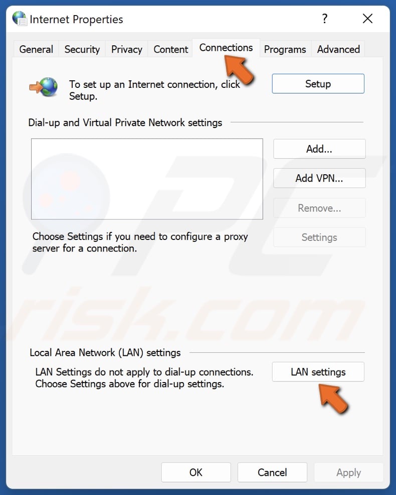 Navigate to the Connections tab and click LAN settings