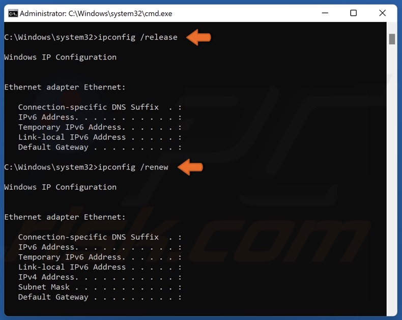 Run ipconfig /release and ipconfig /renew commands