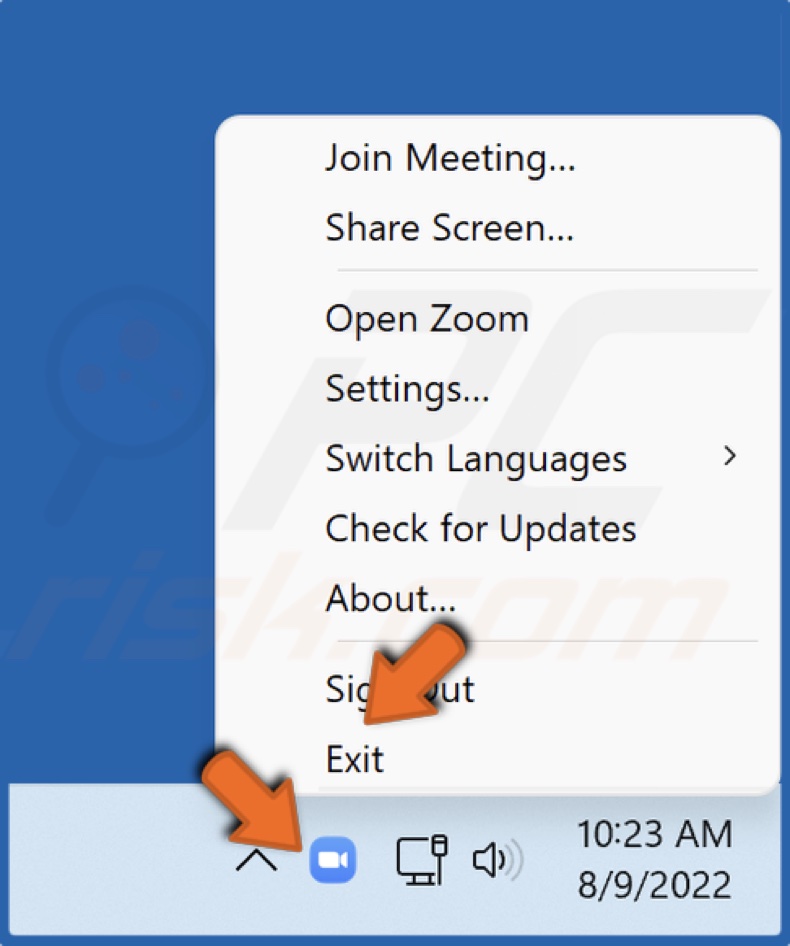 Right-click the Zoom icon in the icons tray and click Exit