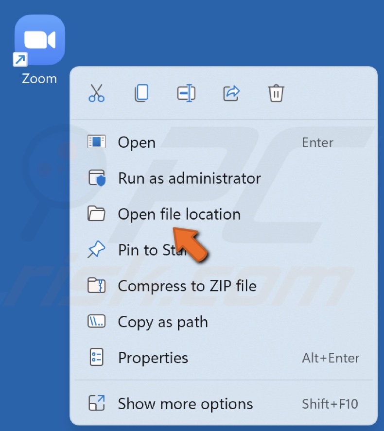 Right-click the Zoom desktop shortcut and click Open file location