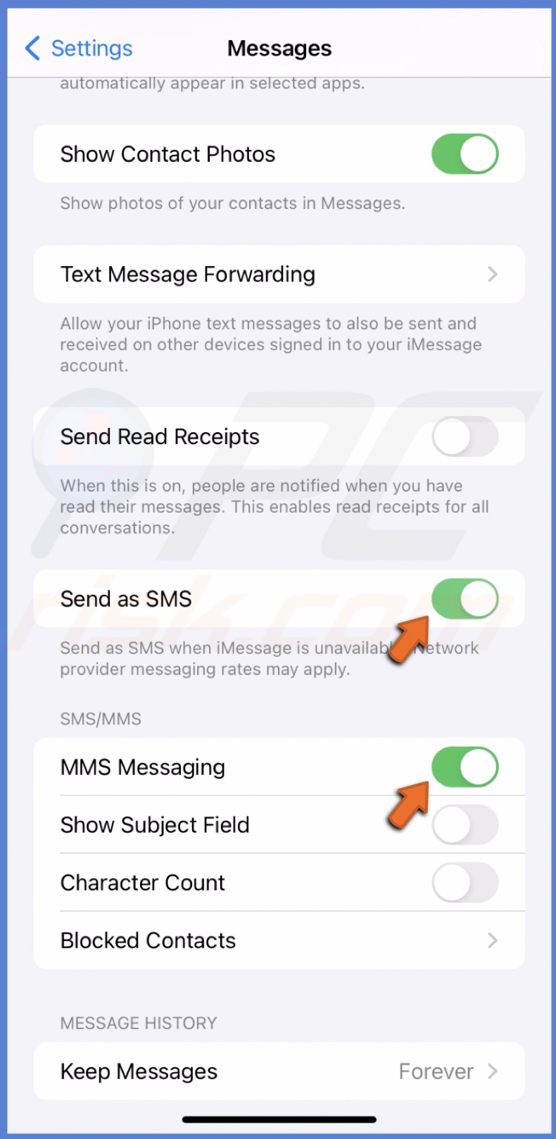Enable SMS and MMS
