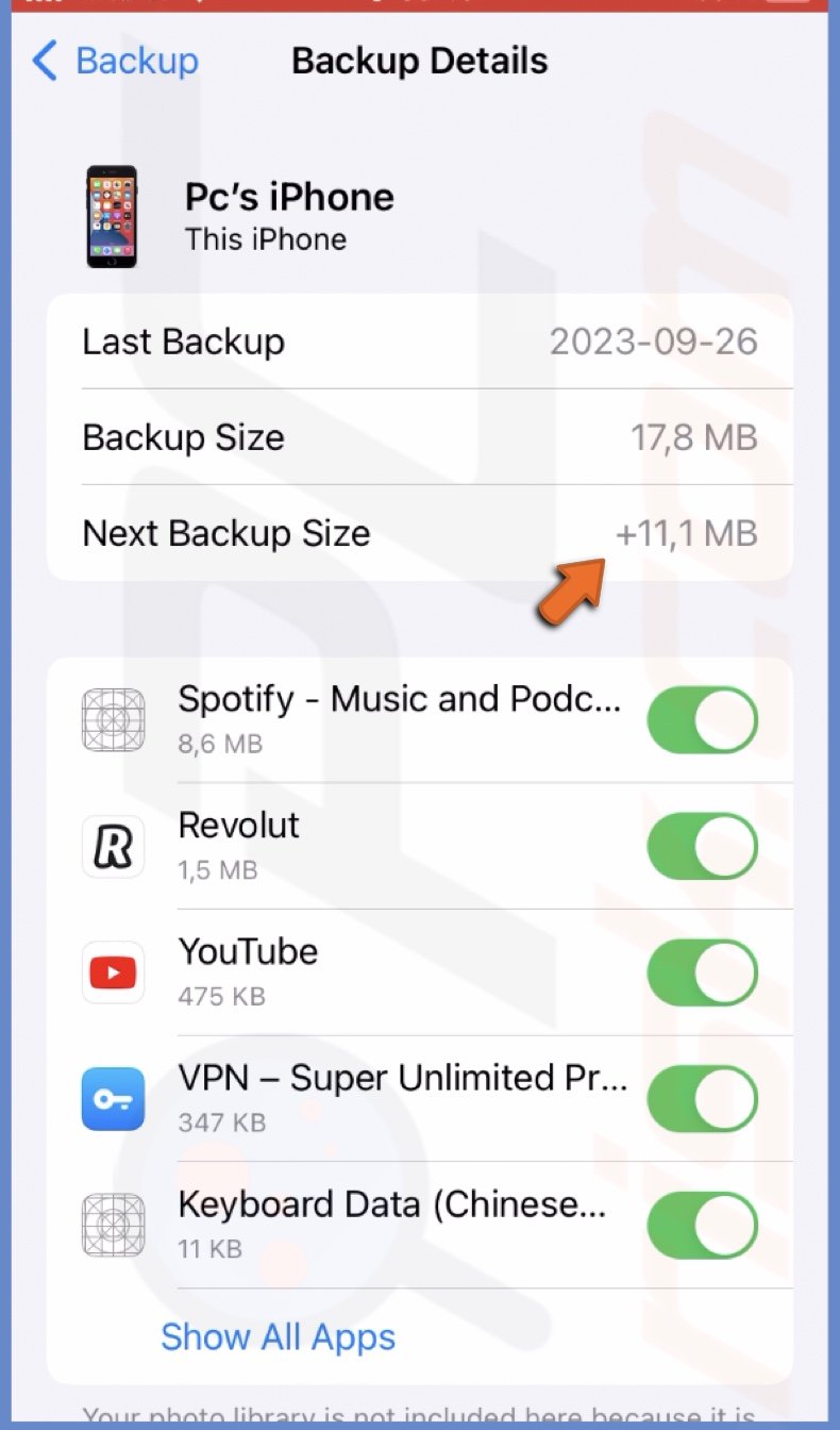 Check the estimated size for the next backup