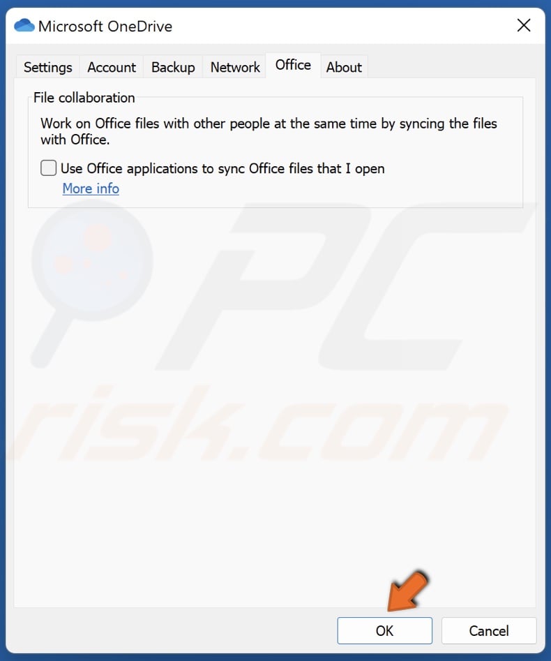 Click OK to close OneDrive Settings window