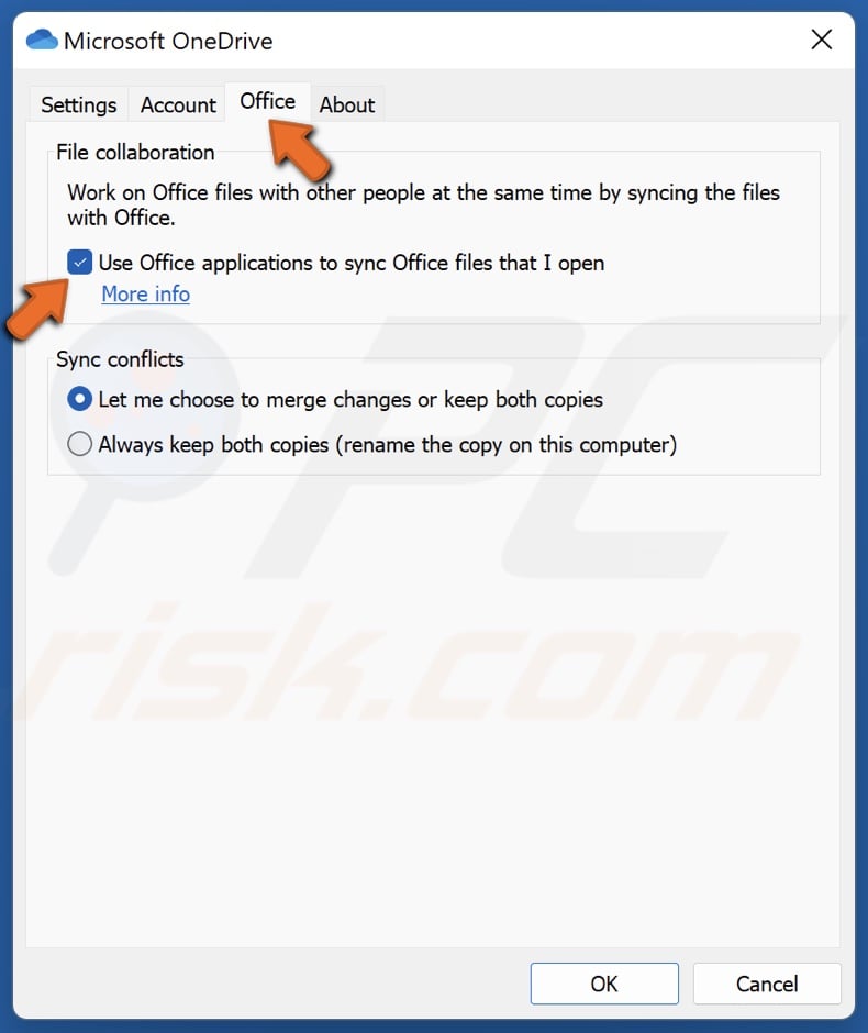 Unmark the Use Office applications to sync Office files I open checkbox