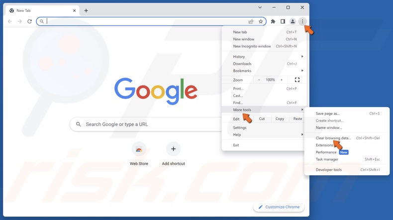 Open the Chrome menu, select More tools and click Clear browsing data