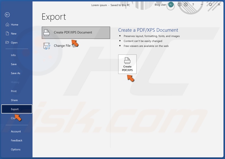 Click Export, select Create PDF/XPS Document and click Create PDF/XPS