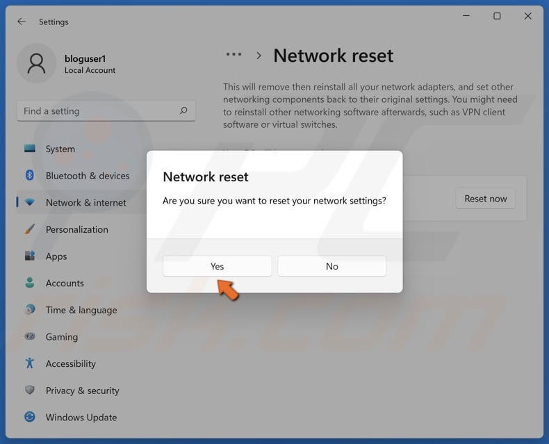Click Yes to confirm network reset