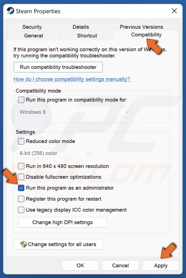 Select the Combatibility tab and mark Run this program as an administrator