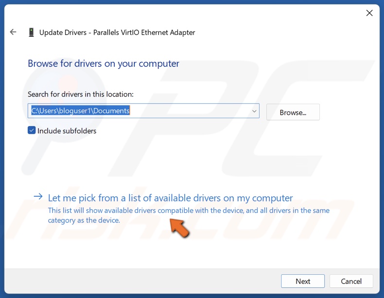 Select Let me pick from a list of available drivers on my computer