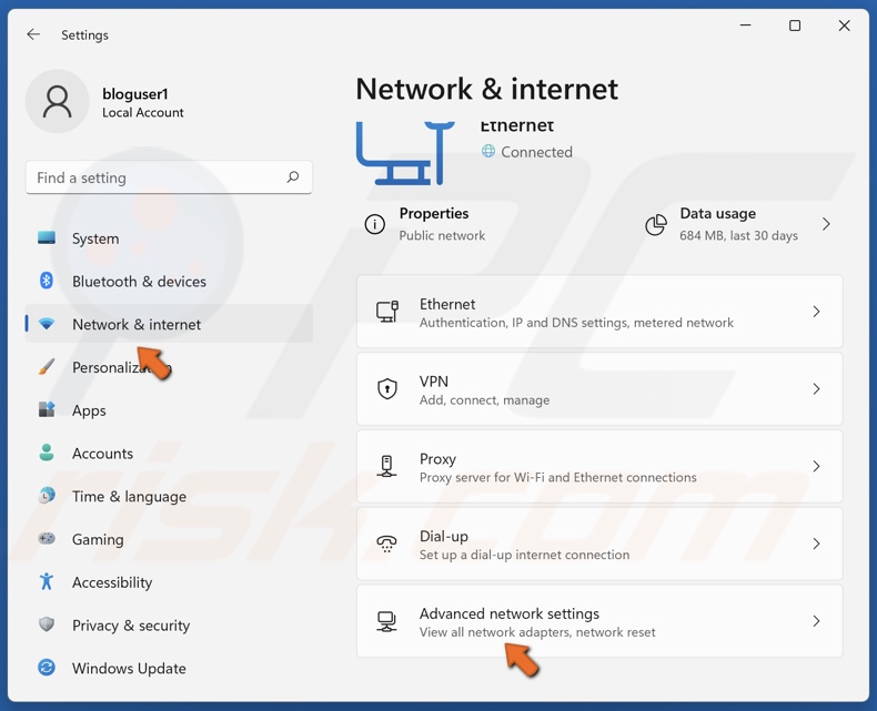 Select the Network & internet panel and click Advanced network settings