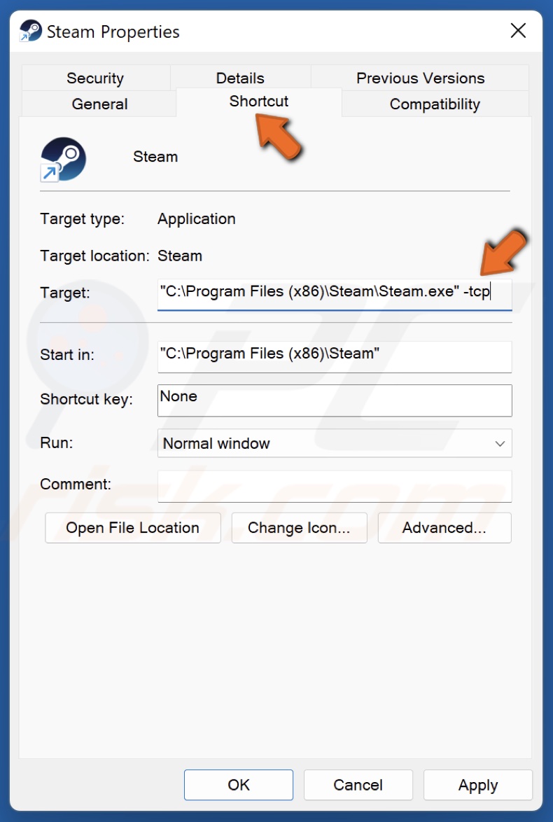 Select the Shortcut tab and add -tcp to the Target line