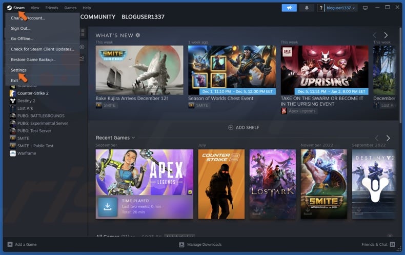 Click Steam in the menu bar and click Settings