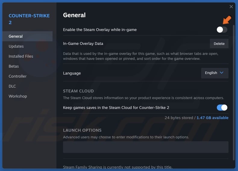 Toggle off the Enable the Steam Overlay while in-game slider