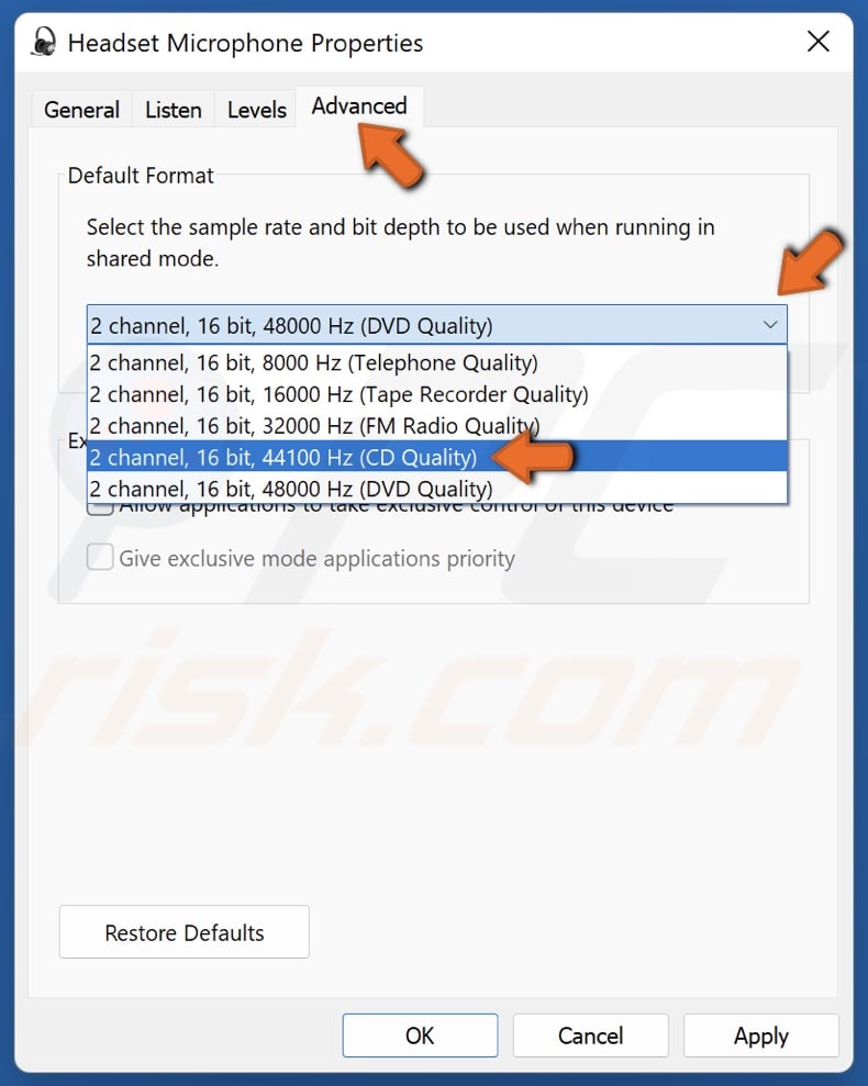 Open the Default format drop-down menu and select a lower audio quality setting